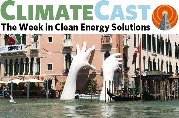 ClimateCast logo over Lorenzo Quinn's sculpture of hands reaching out of Venice lagoon