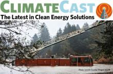 Climate Cast banner with photo of fire truck submerged in floodwaters