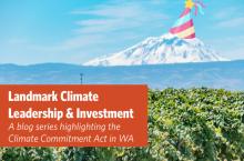 party hat icon on mt adams in background, hop fields in foreground, text overlay: landmark climate leadership and investment