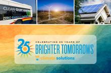 Grid graphic with photos of electric bus, wind turbines, and solar panels with the Climate Solutions 25th anniversary logo