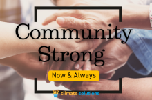 image of many hands together text reads community strong, now and always