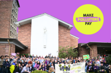 Make Polluters Pay advocates pose near the capital in Salem