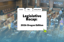A background picture of the Oregon legislature with a pop up box that reads Legislative Recap.