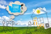 one stick figure pushing a house up a hill with a heat pump, three stick figures pointing and thinking about "clean codes", background blue skies and landscape