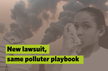 A picture of a child using her inhaler with smoke stacks in the background.