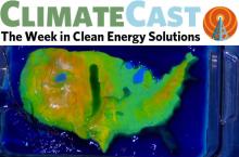 ClimateCast logo over map of US being flooded