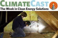 ClimateCast Logo over trainee insulating attic