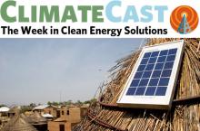 ClimateCast logo over thatched roof with solar panel