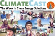 ClimateCast logo over spectrum of people calling for Gates Foundation to divest