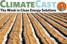 ClimateCast logo over flood-irrigated furrows