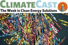 ClimateCast logo over kayaks protesting the Polar Pioneer, Seattle