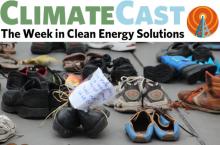 ClimateCast logo above photo of shoes in Paris protest art installation