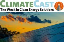 ClimateCast logo above sunset clouds and PV panels