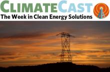 ClimateCast logo over powerlines at sunset