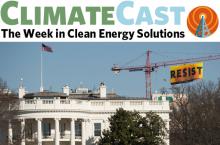 ClimateCast logo over White House with Resist banner