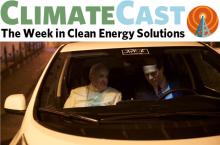 ClimateCast logo over Pope Francis in Vatican's new Nissan Leaf