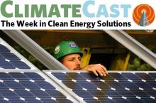 ClimateCast logo over solar PV installer