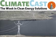 ClimateCast logo over artist’s rendering of human-form transmission towers