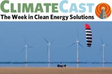ClimateCast logo over image of kite buggy and wind turbines