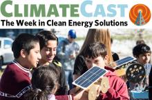 ClimateCast logo over photo of kids with solar electric model car
