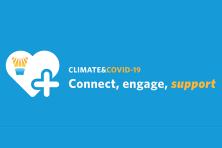 Text: "Climate & Covid-19: connect, engage, support" on a blue background next to a heart shape with the climate solutions logo inside