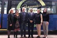 Photo of TriMet GM Sam Desue and Sen. Dembrow were joined by Metro Council President Lynn Peterson, Multnomah County Commissioner Jessica Vega-Pederson, Portland General Electric President and CEO Maria Pope and Climate Solutions’ Oregon Director Meredith Connolly.