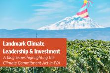 party hat icon on mt adams in background, hop fields in foreground, text overlay: landmark climate leadership and investment