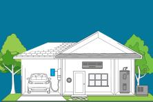 vector drawing of all electric house including plug-in electric car, heat pump and heat pump hot water heaters