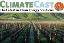 climate cast header over photo of rows of vineyard grapes