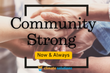 image of many hands together text reads community strong, now and always
