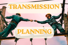 two transmission workers pass a bottle of water, while balancing on the poles