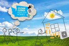 one stick figure pushing a house up a hill with a heat pump, three stick figures pointing and thinking about "clean codes", background blue skies and landscape