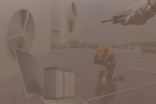 A clean energy worker surrounded by solar, battery storage, insulation, and heat pumps.