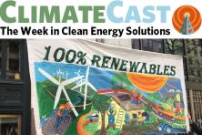 ClimateCast logo over 100% Renewable banner from Climate March