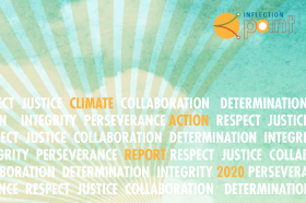 Climate Solutions Annual Report 2020 with orange sunrays and white script overlay