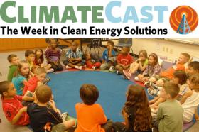 ClimateCast logo over students in classrom