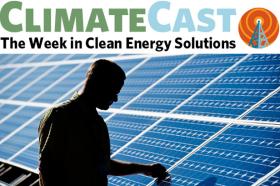 ClimateCast logo above silhouette of man in front of solar panels