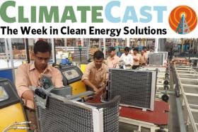 ClimateCast logo over Indian air-conditioner assembly line