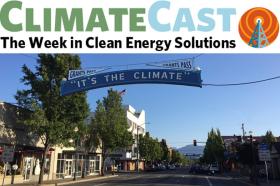 ClimateCast logo over &quot;It's the Climate&quot; sign in Grants Pass, OR