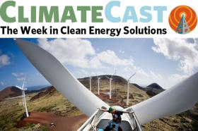 ClimateCast logo over wind turbine undergoing maintenance