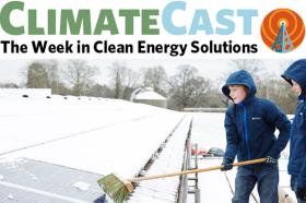 ClimateCast logo over photo of boys brushing snow off solar panels