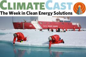 ClimateCast logo over researchers sampling melt ponds in sea ice