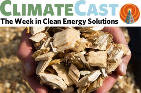 ClimateCast logo over hands holding wood chips