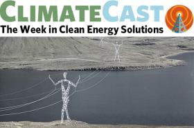 ClimateCast logo over artist’s rendering of human-form transmission towers