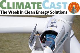 ClimateCast logo over photo of technician working on wind turbine nacelle