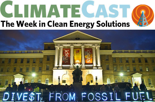 ClimateCast Logo over Divestment sign