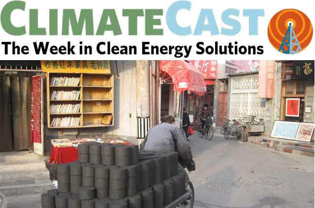 ClimateCast Logo over bike trailer hauling coal in Beijing