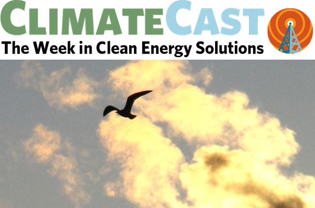 ClimateCast Logo over bird with smoke plume behind