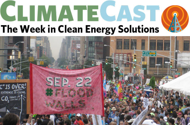 ClimateCast Logo over NY marchers