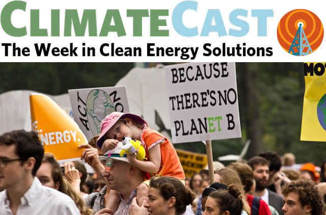 ClimateCast Logo over climate marchers